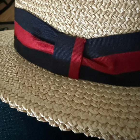 Classic Italian made Straw Boater Skimmer Hat with Red and Navy Band. Beautiful - Picture 6 of 7